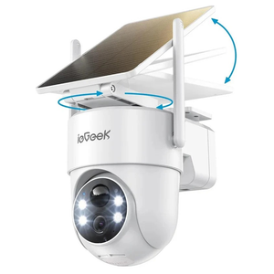 IeGeek solar powerd security camera S5 with solar panel on a white background