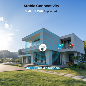 ieGeek ZY-C2 security camera with 2.4GHz WiFi support and 4dBi dual antennas for reliable signal strength.