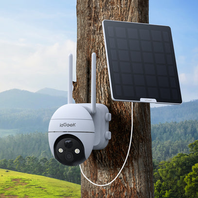 ieGeek 4G security camera and solar panel attached to a tree