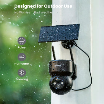 ieGeek DQ201 solar-powered security camera with IP65 weatherproof rating for all-weather operation.