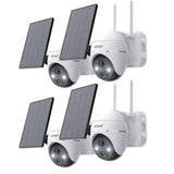 Four white ieGeek solar security cameras named ZX-GX1S with four solar panels
