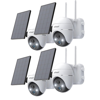 Four white ieGeek solar security cameras named ZX-GX1S with four solar panels