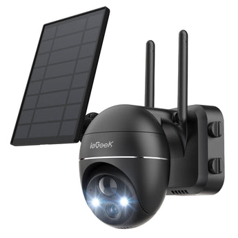 One black ieGeek solar security camera ZX-GX1S with a solar panel