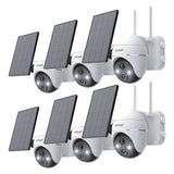Six white ieGeek solar security cameras named ZX-GX1S with six solar panels