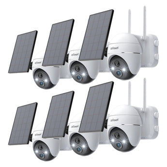 Six white ieGeek solar security cameras named ZX-GX1S with six solar panels
