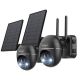 Two black ieGeek solar security cameras named ZX-GX1S with two solar panels