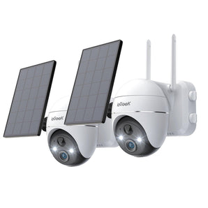 Two white ieGeek solar security cameras named ZX-GX1S with two solar panels