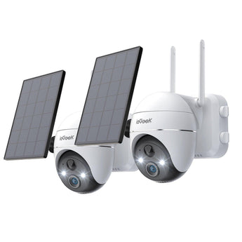 Two white ieGeek solar security cameras named ZX-GX1S with two solar panels